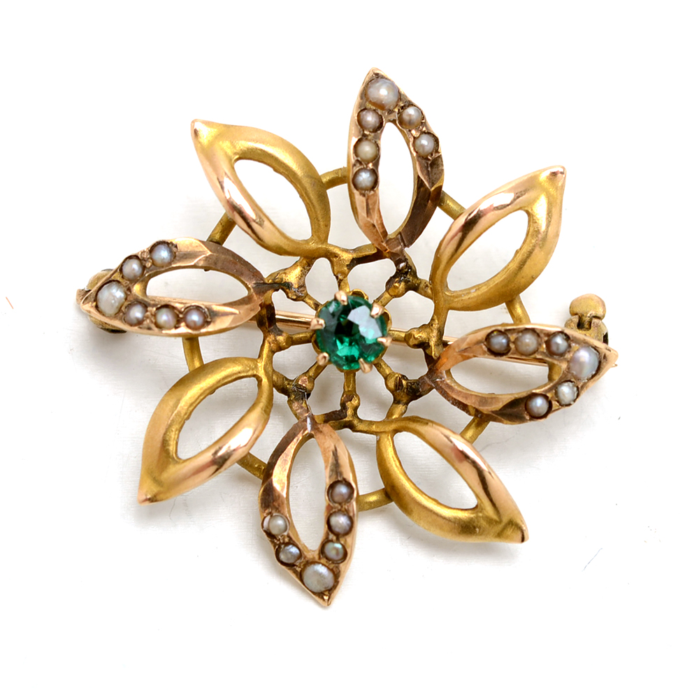 Art Nouveau 10K and 14K Yellow Gold Garnet Doublet Seed Pearl Pin