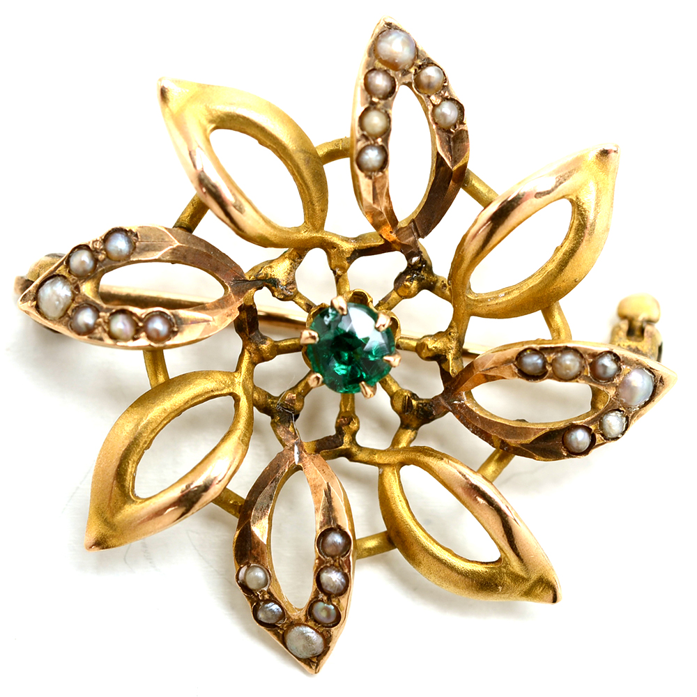 Art Nouveau 10K and 14K Yellow Gold Garnet Doublet Seed Pearl Pin