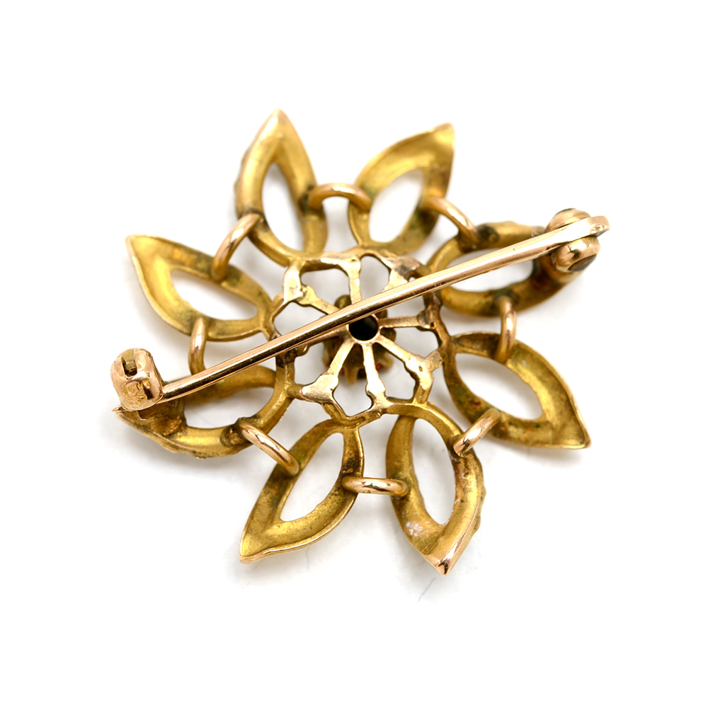 Art Nouveau 10K and 14K Yellow Gold Garnet Doublet Seed Pearl Pin