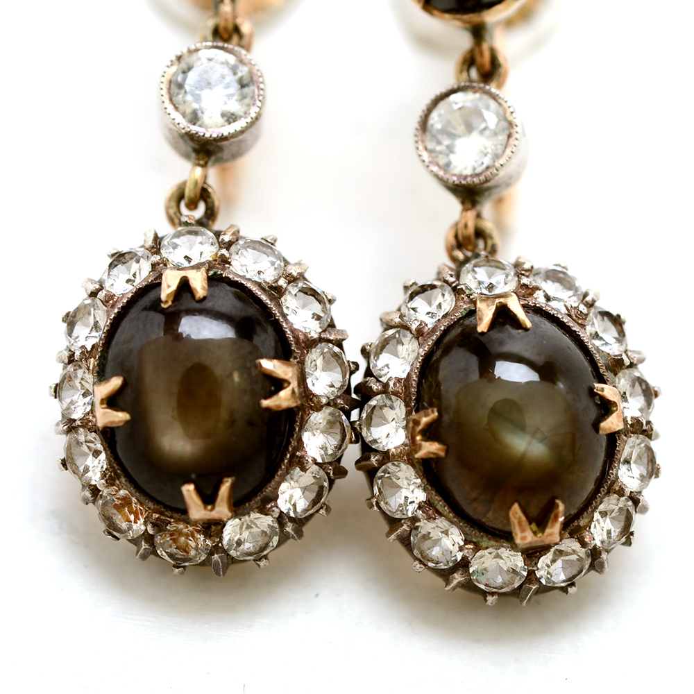 Pair of 14K Yellow Gold Black Star Sapphire White Zircon Earrings