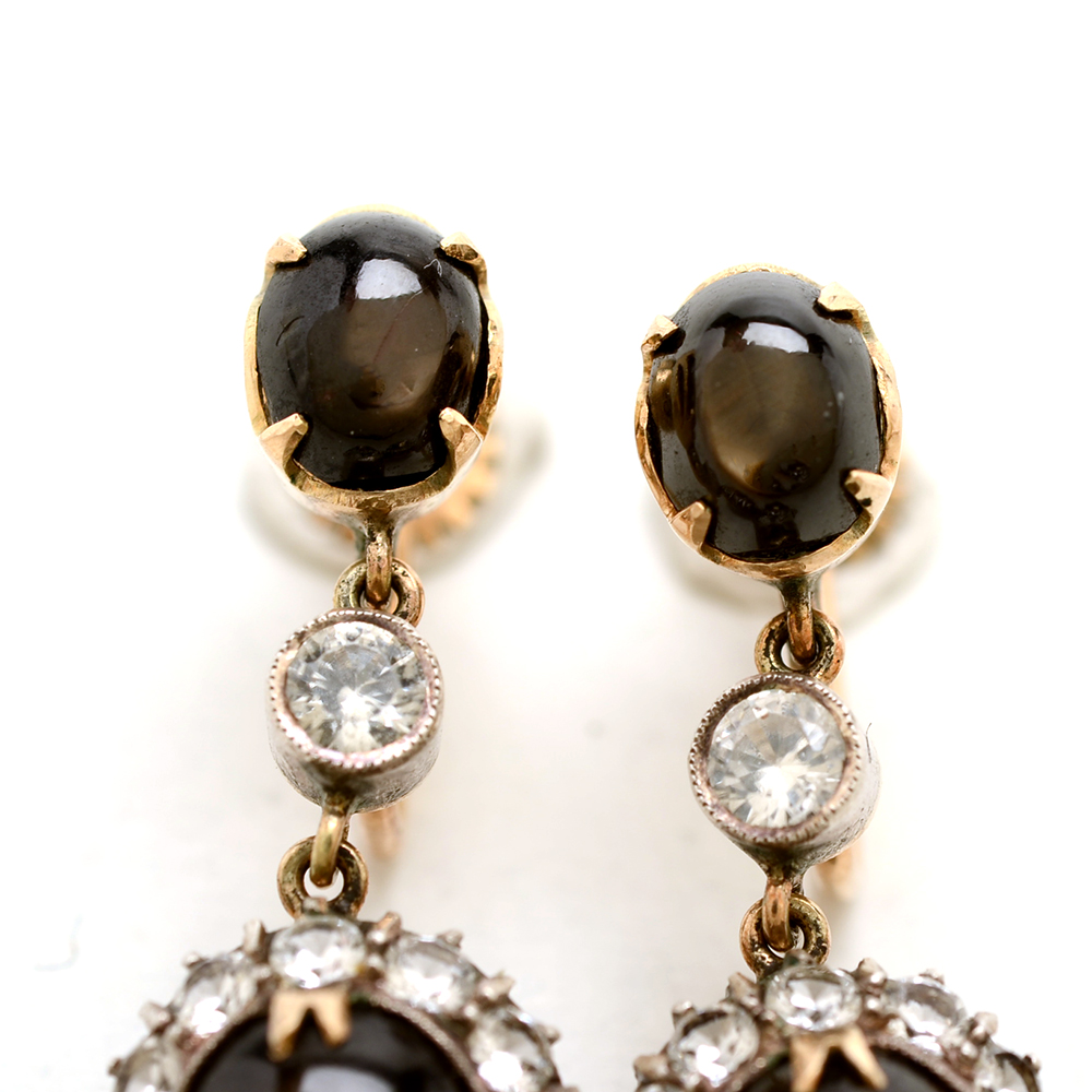 Pair of 14K Yellow Gold Black Star Sapphire White Zircon Earrings