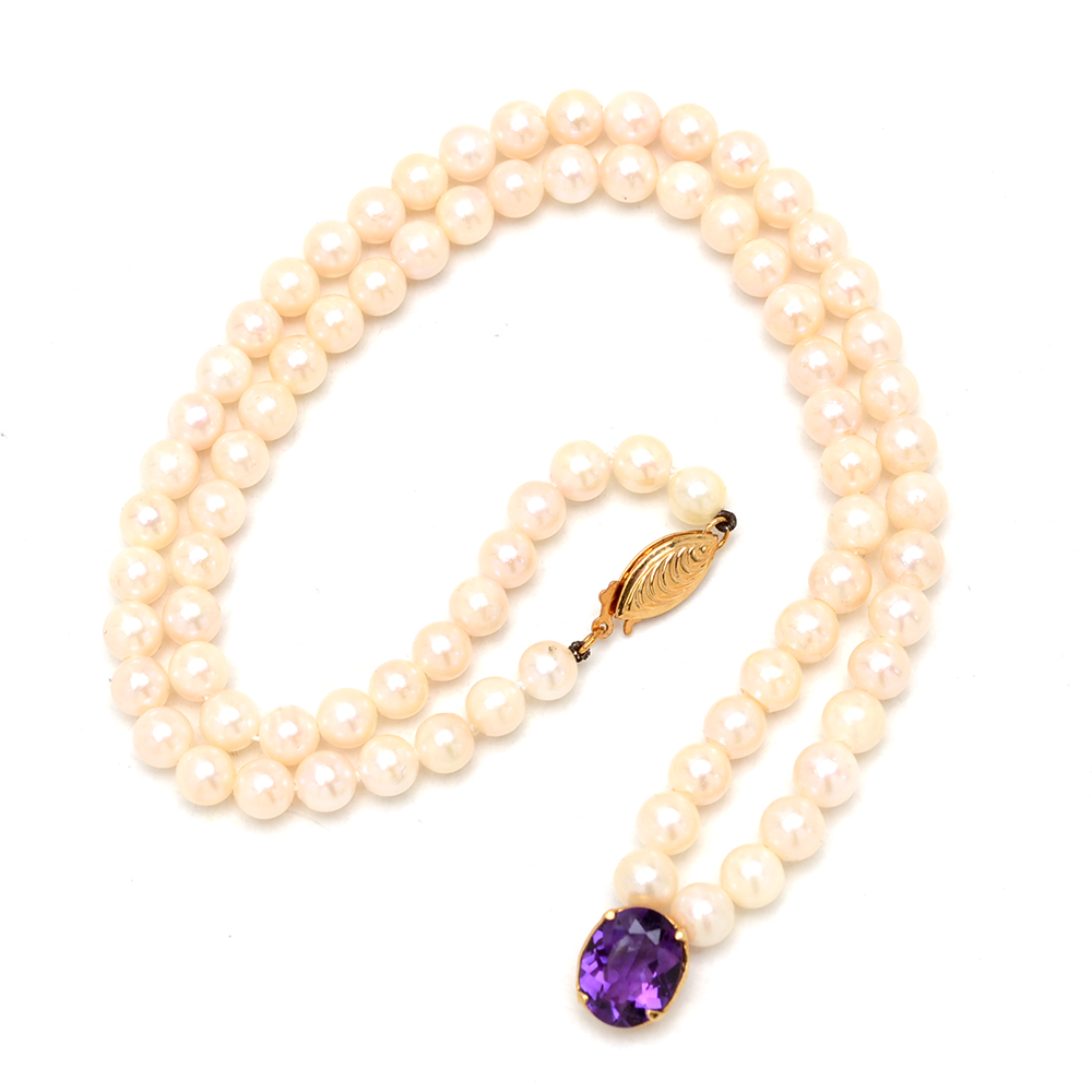 14K Yellow Gold Cultured Pearl and Amethyst Necklace