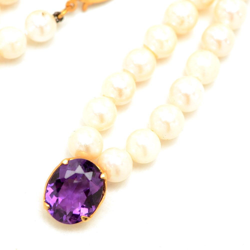 14K Yellow Gold Cultured Pearl and Amethyst Necklace
