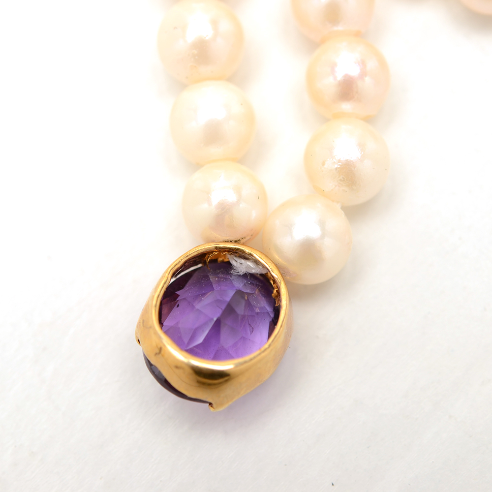 14K Yellow Gold Cultured Pearl and Amethyst Necklace