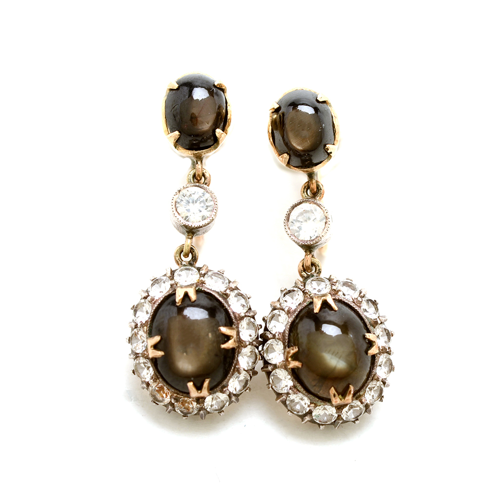 Pair of 14K Yellow Gold Black Star Sapphire White Zircon Earrings
