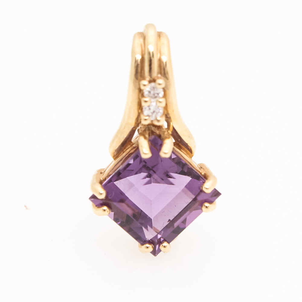 14K Yellow Gold, Diamond and Amethyst Pendant