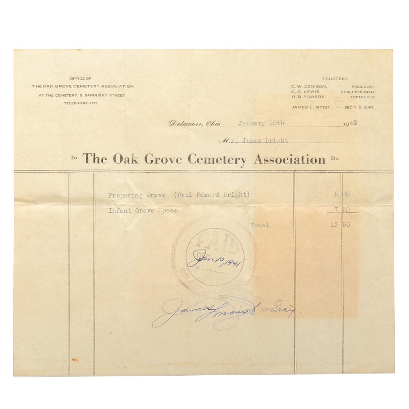 Original 1941 Oak Grove Cemetery Receipt for Infant Burial Plot