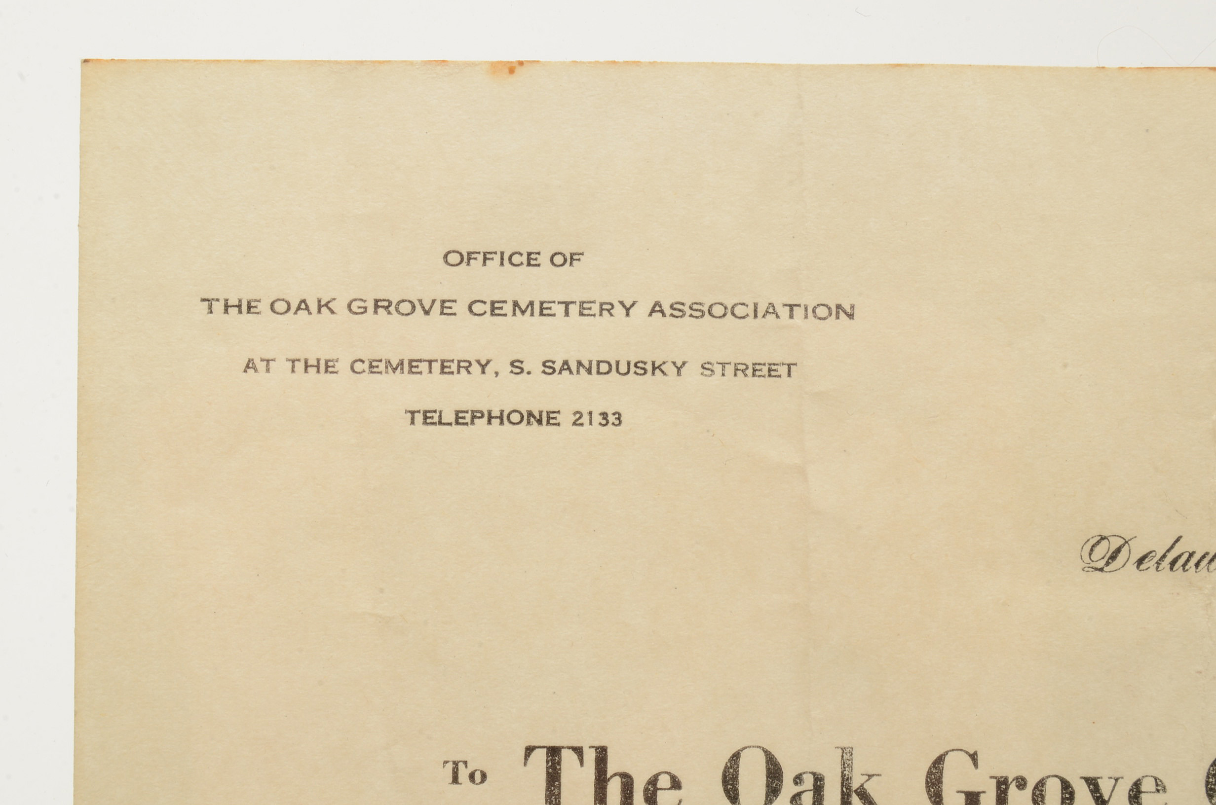 Original 1941 Oak Grove Cemetery Receipt for Infant Burial Plot