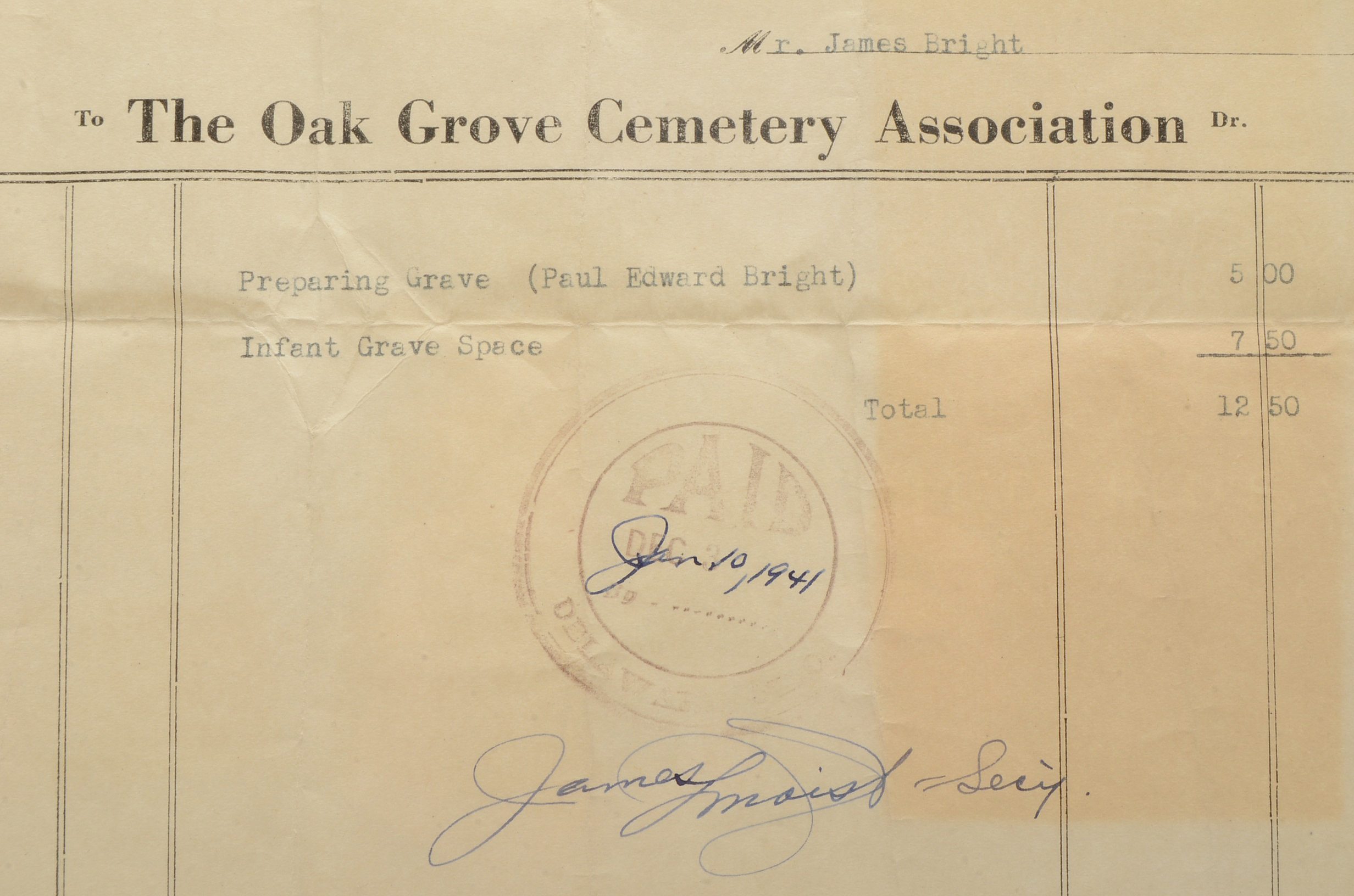 Original 1941 Oak Grove Cemetery Receipt for Infant Burial Plot