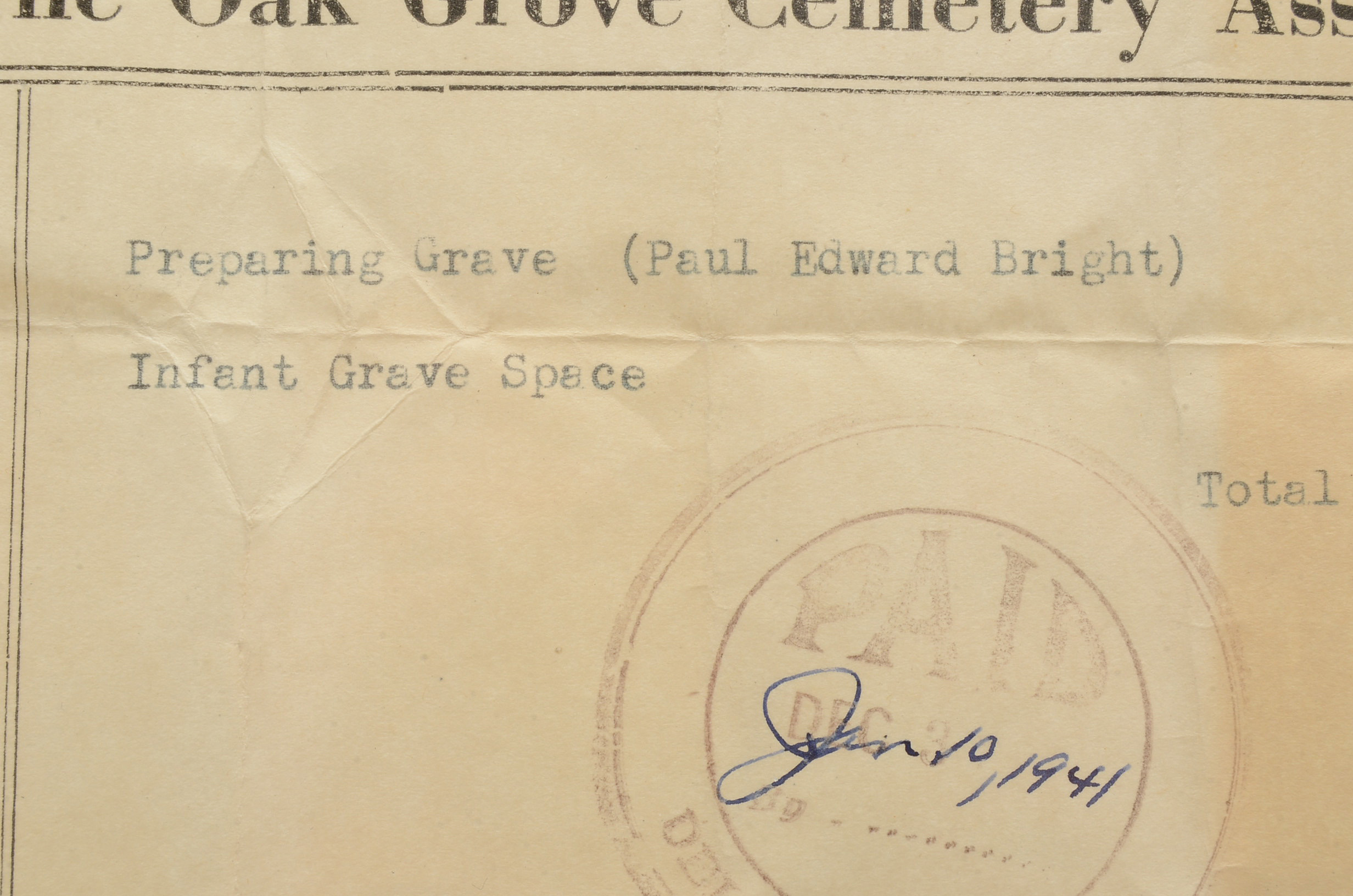 Original 1941 Oak Grove Cemetery Receipt for Infant Burial Plot