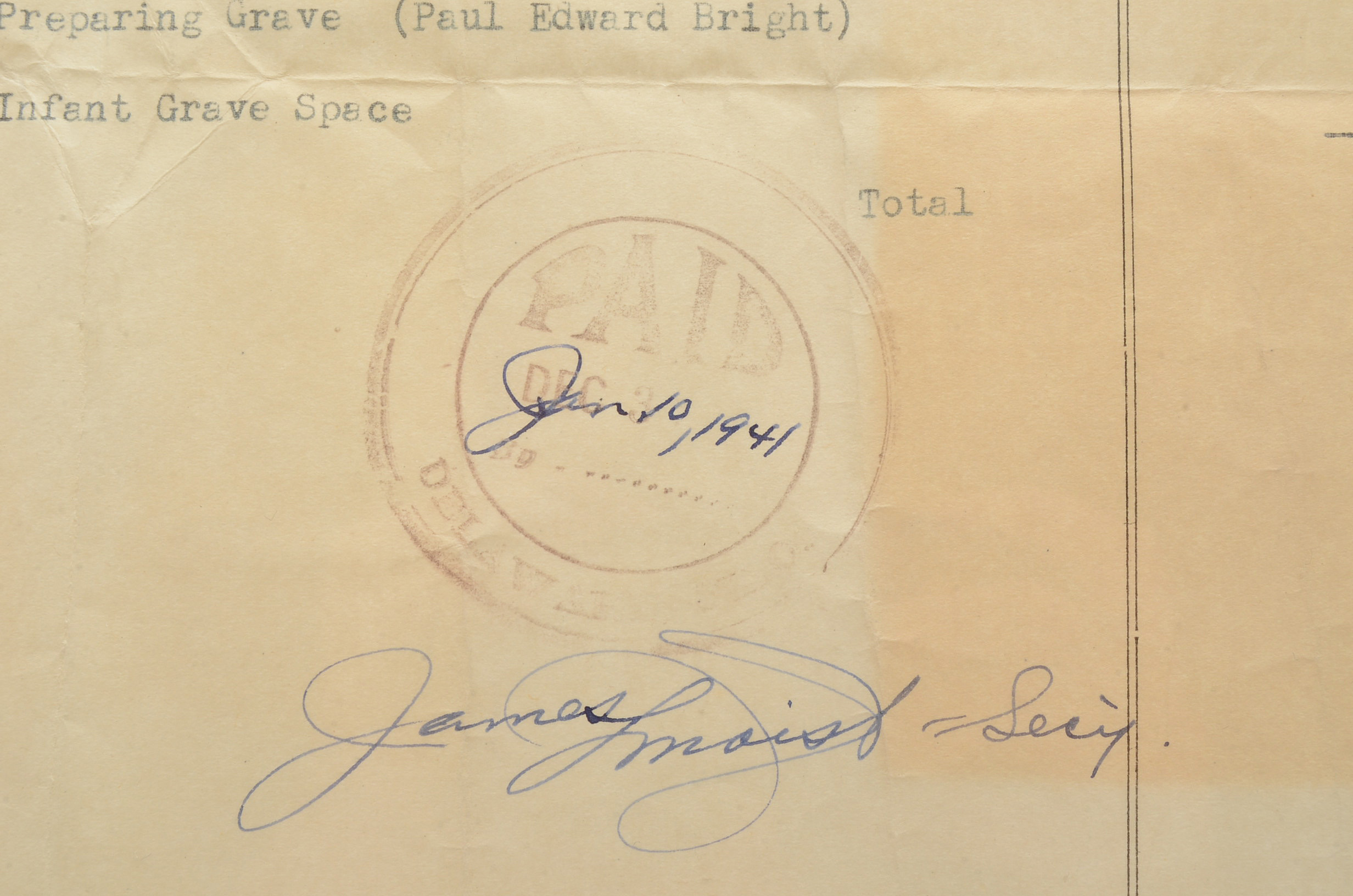 Original 1941 Oak Grove Cemetery Receipt for Infant Burial Plot