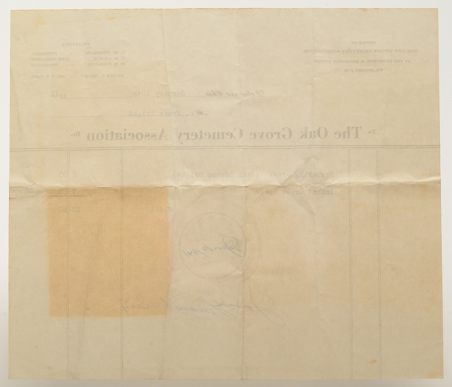 Original 1941 Oak Grove Cemetery Receipt for Infant Burial Plot