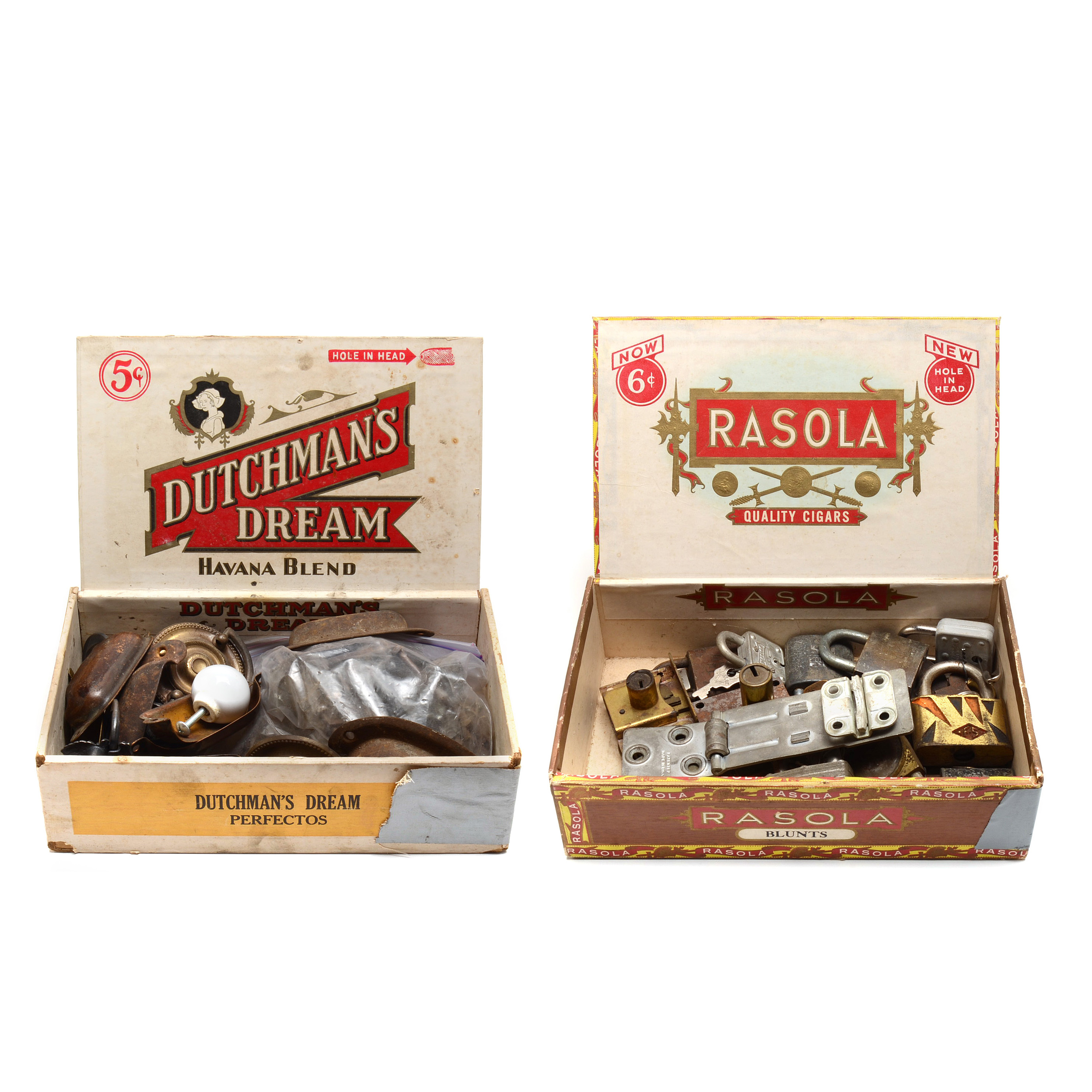 Two Vintage Cigar Boxes with Pad Locks and Hardware