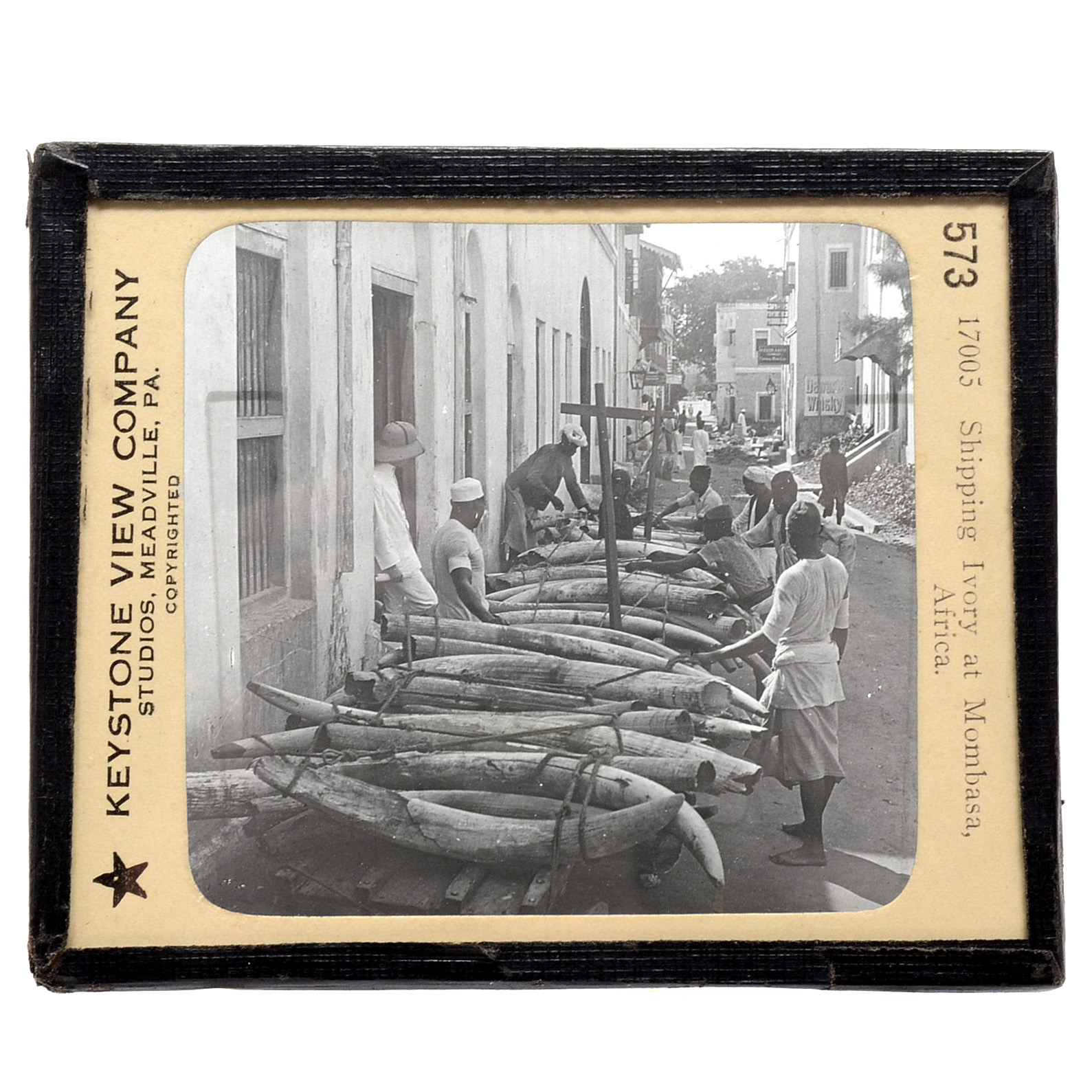 Antique Photographic Glass Slide "Shipping Ivory at Mombasa, Africa"