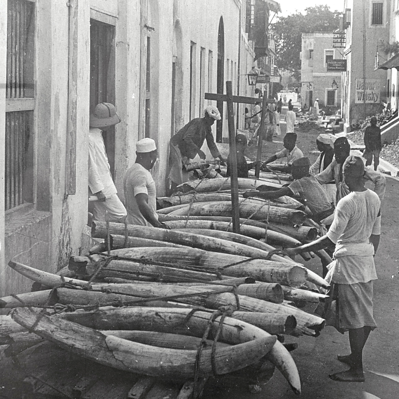 Antique Photographic Glass Slide "Shipping Ivory at Mombasa, Africa"