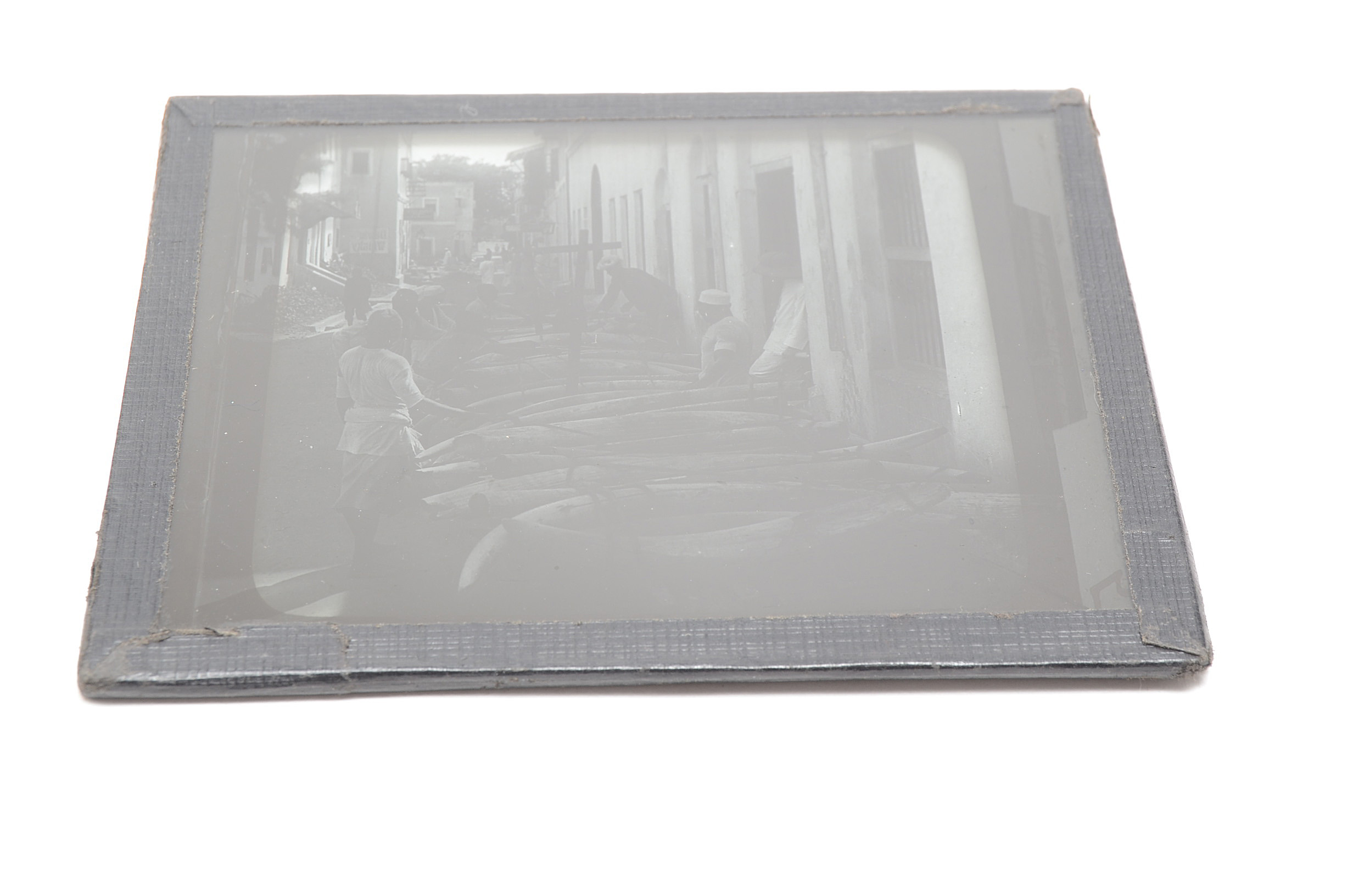 Antique Photographic Glass Slide "Shipping Ivory at Mombasa, Africa"