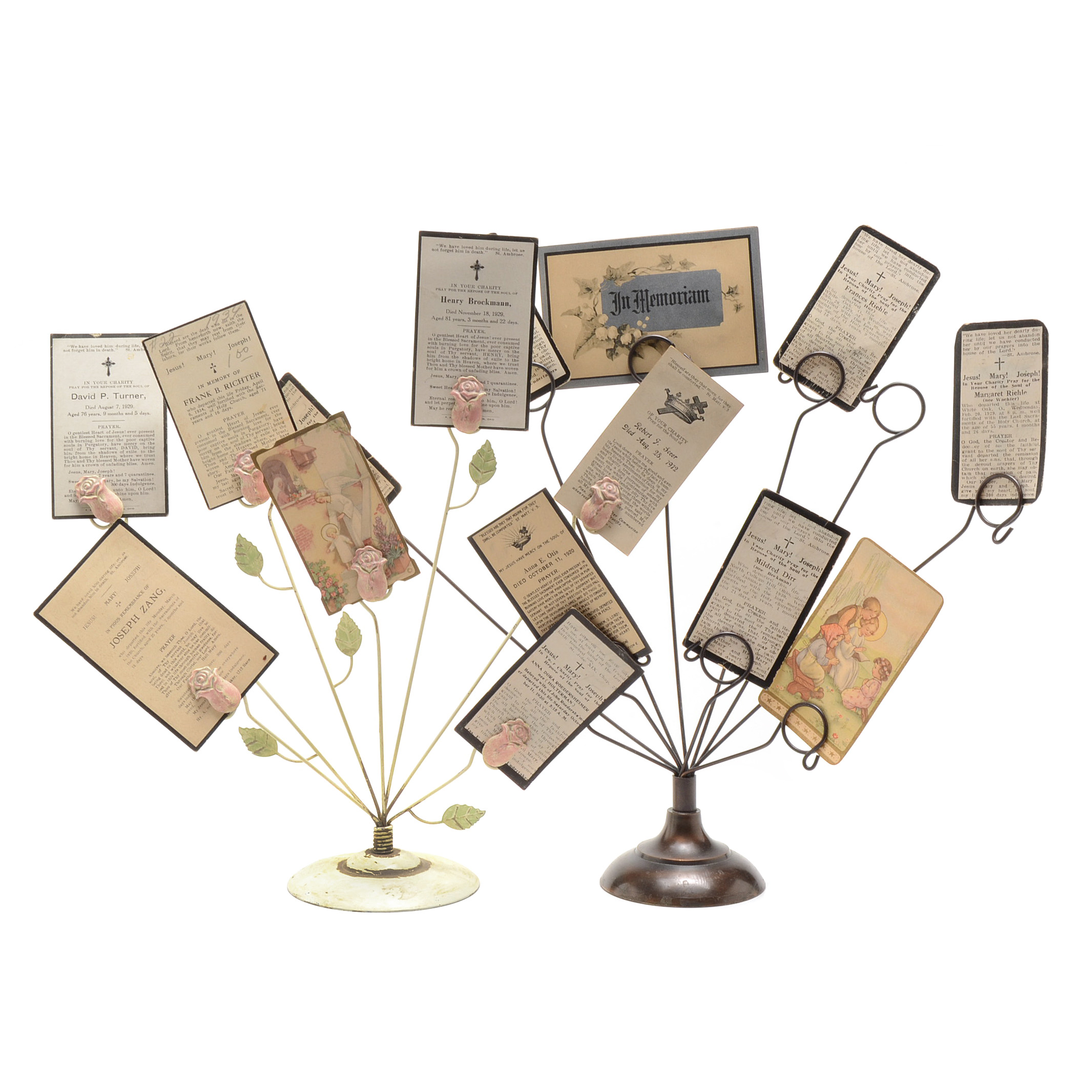 Pair of Metal Card Holders Displaying In Memoriam Prayer Cards
