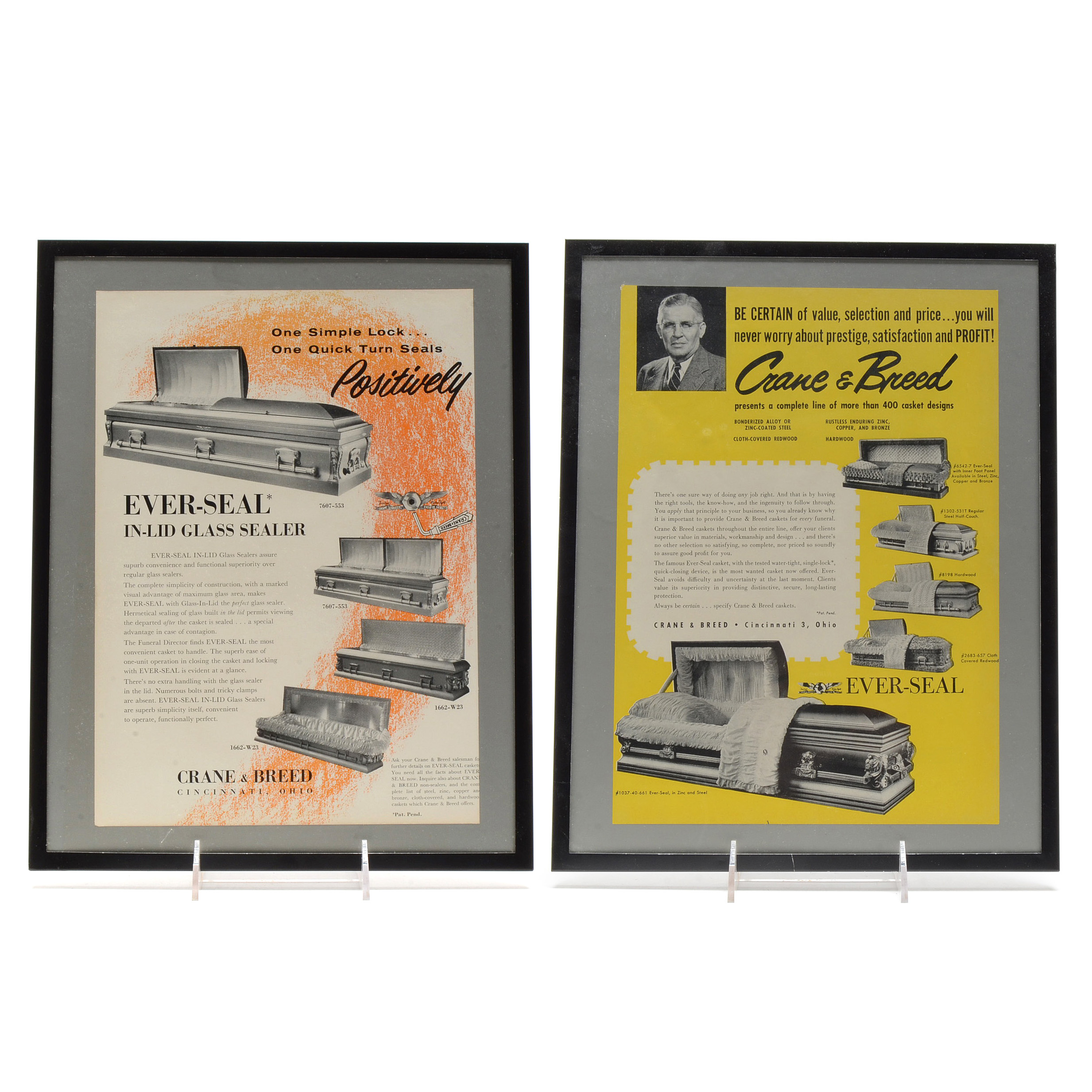 Two Vintage Framed Crane & Breed Casket Co. Advertisements