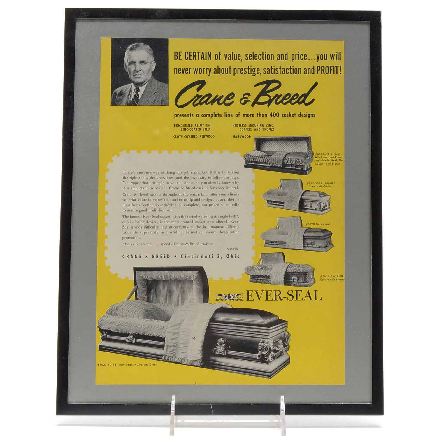 Two Vintage Framed Crane & Breed Casket Co. Advertisements