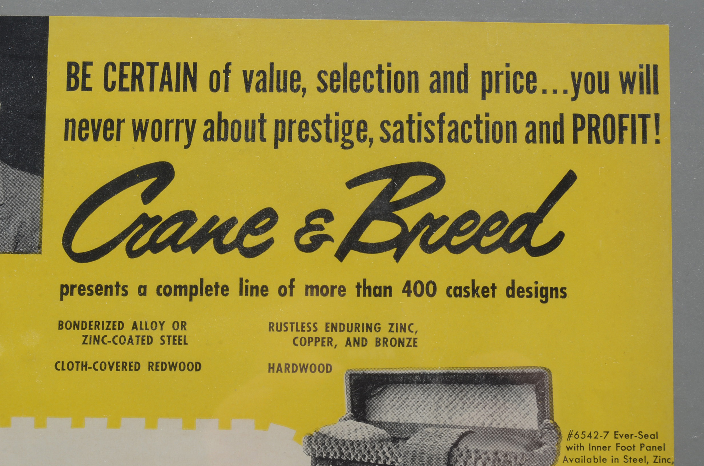 Two Vintage Framed Crane & Breed Casket Co. Advertisements