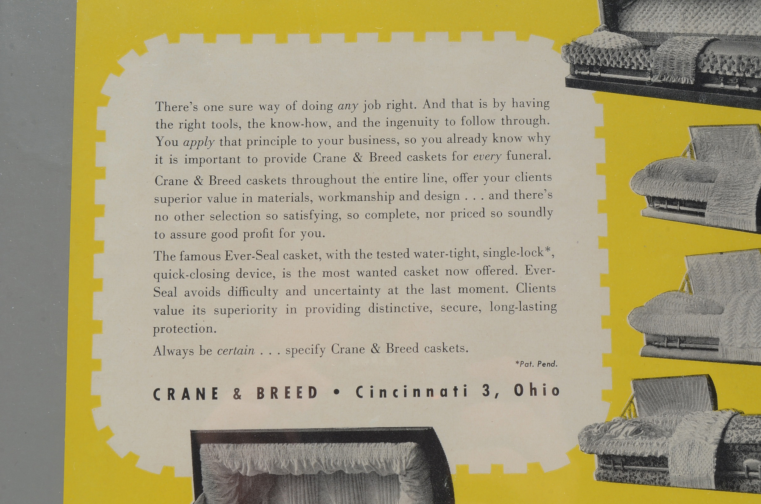 Two Vintage Framed Crane & Breed Casket Co. Advertisements