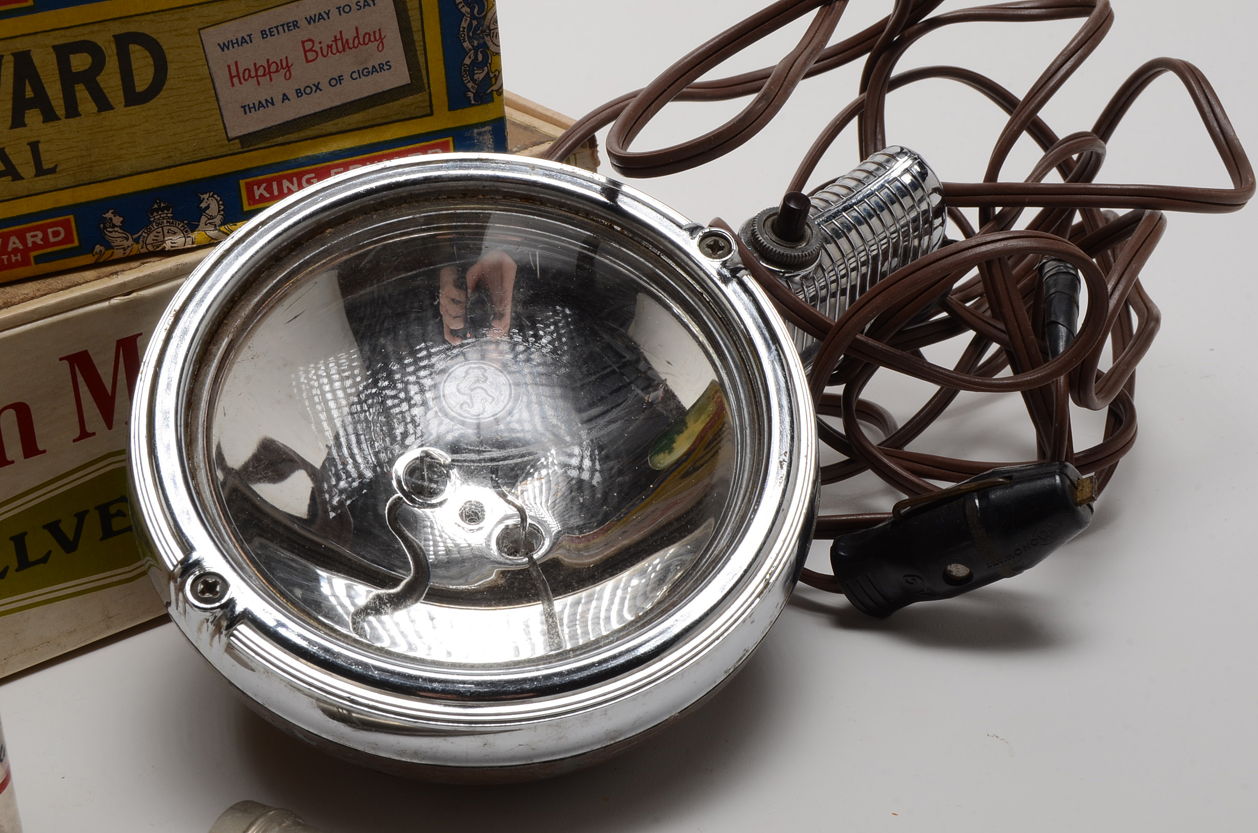 Two Vintage Cigar Boxes with Car Flood Light and Coin Banks