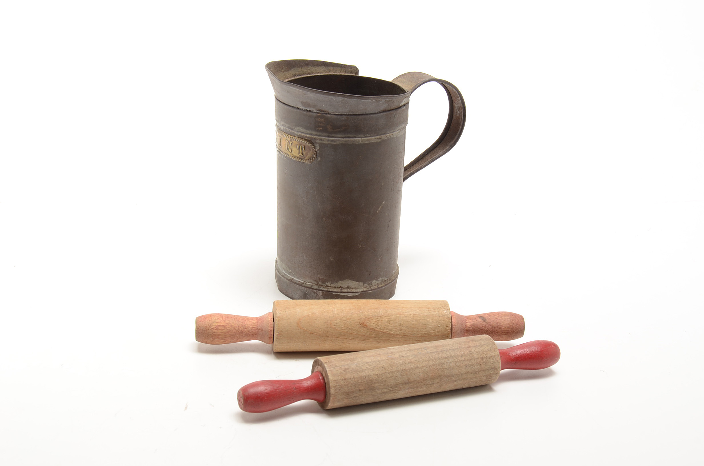 Tin Pint Measure and Two Miniature Rolling Pins