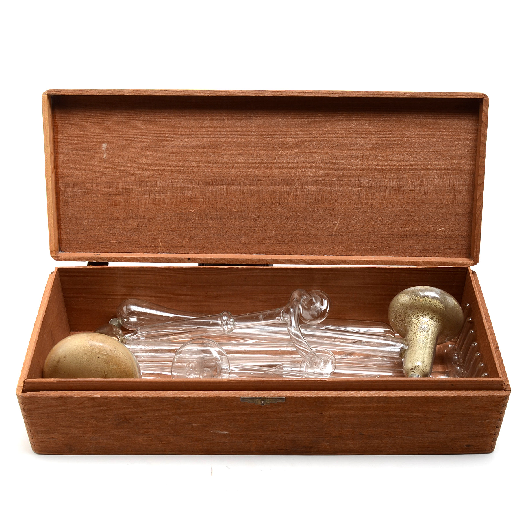 Redwood Cigar Box with Blown Glass Laboratory Instruments