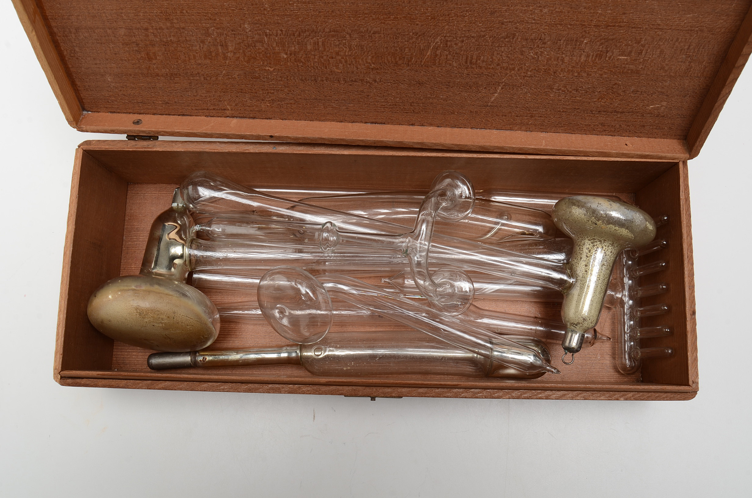 Redwood Cigar Box with Blown Glass Laboratory Instruments