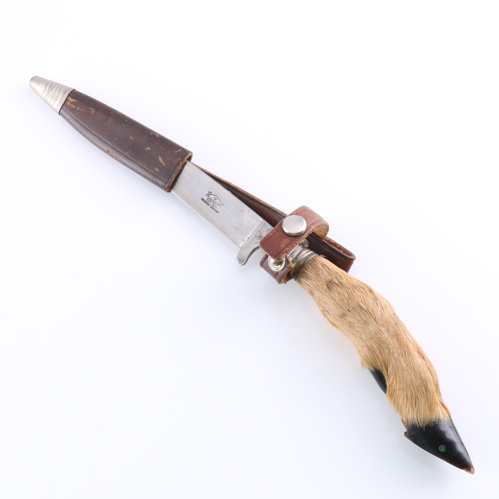 W. Clauberg German Hunting Knife with Deer Hoof Handle and Leather Sheath