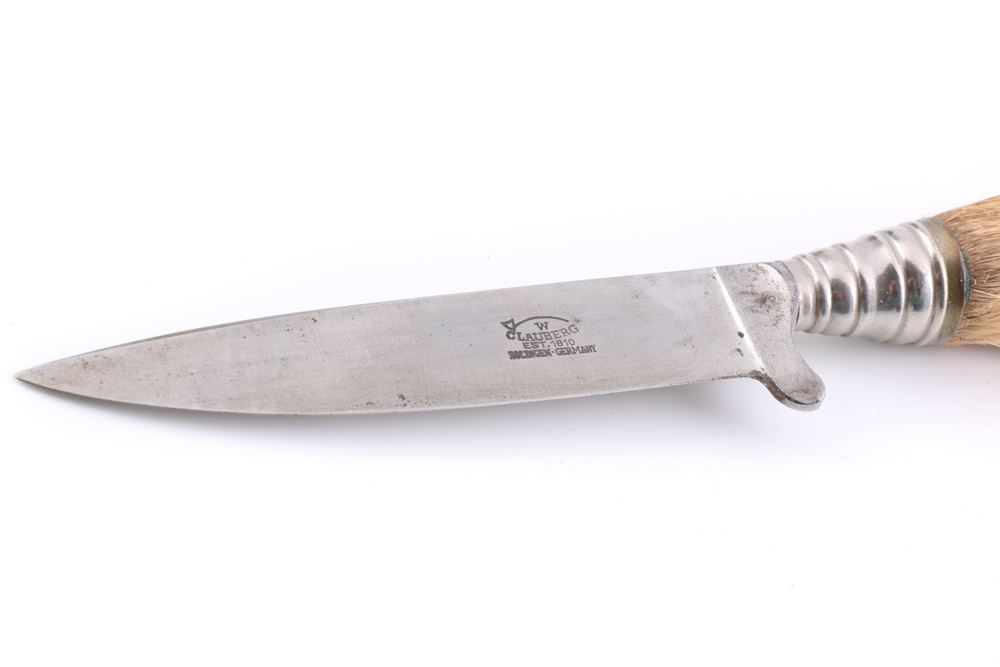 W. Clauberg German Hunting Knife with Deer Hoof Handle and Leather Sheath