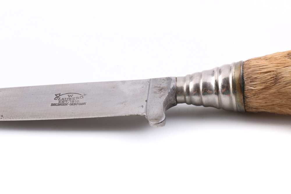 W. Clauberg German Hunting Knife with Deer Hoof Handle and Leather Sheath