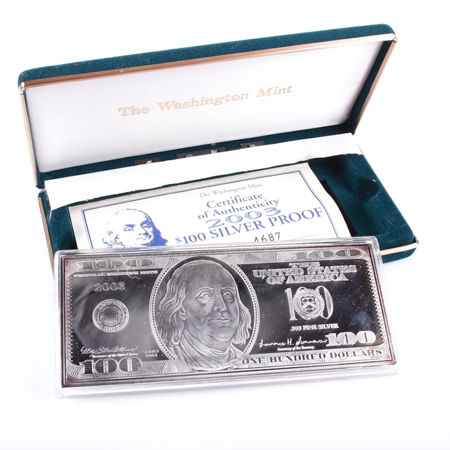 2003 Fine Silver "100 Dollar" Proof Bullion Bar