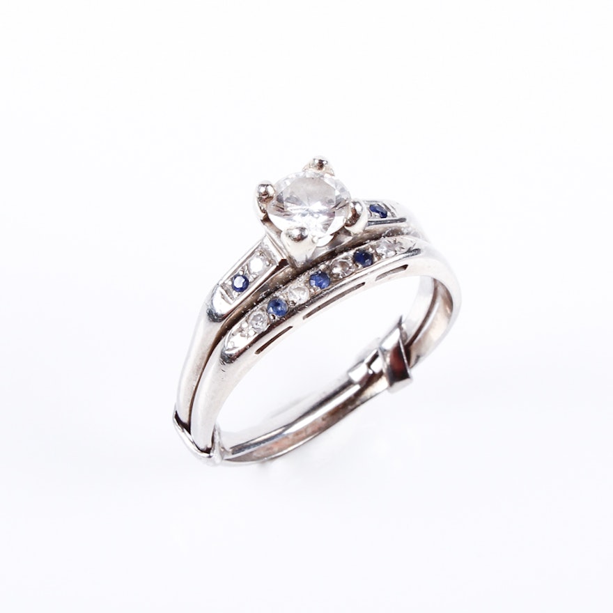 18K White Gold, Diamond, and Sapphire Wedding Set