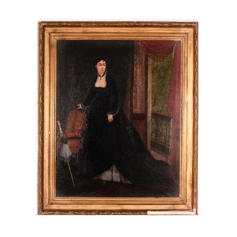 19th Century Portrait of Woman Standing at Open Balcony