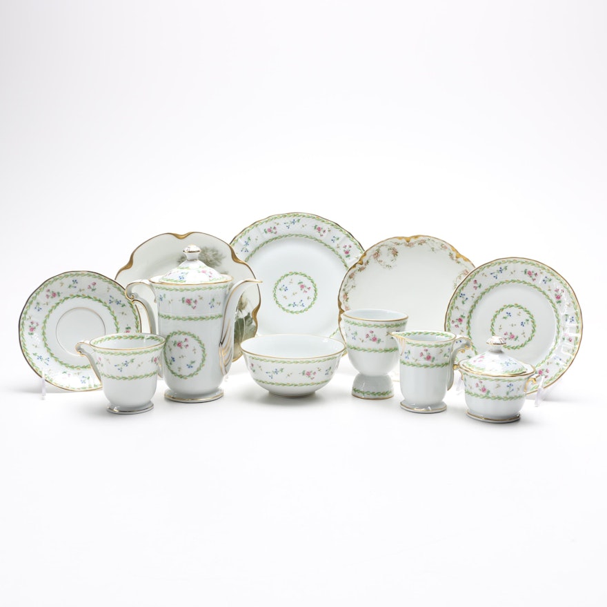 Limoges "Artois Green" Assortment With Limoges "Feu de Four" Bread Plates