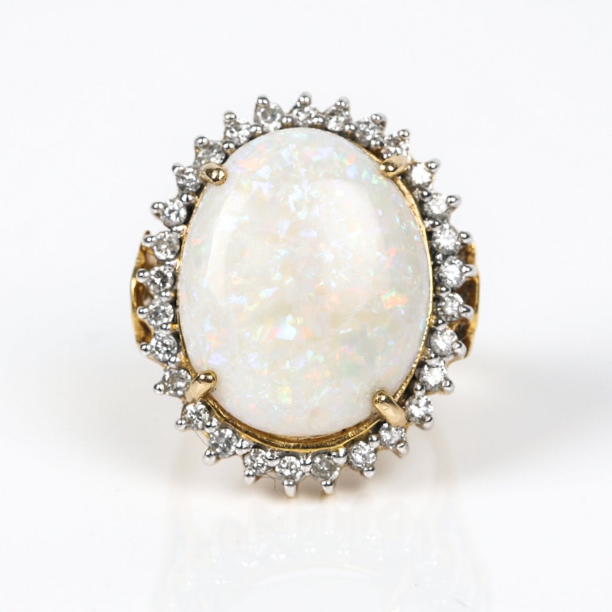 14K Yellow Gold Opal and Diamond Cocktail Ring