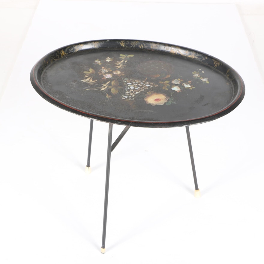 Vintage Hand-Painted Black Tray Table with Mother of Pearl Inlay