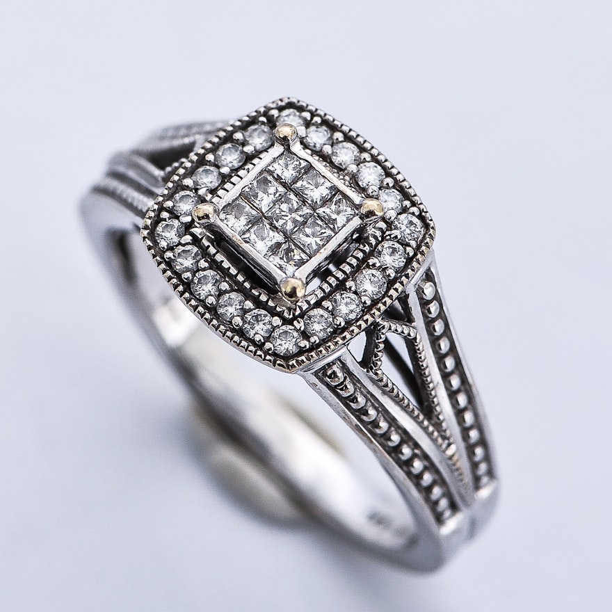 14K White Gold and Diamond Milgrain Engagement Ring with Surprise Diamond