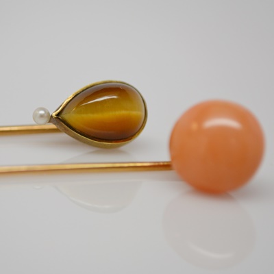 14K Rose Gold Coral Pin and Tiger Eye with Pearl Stick Pin