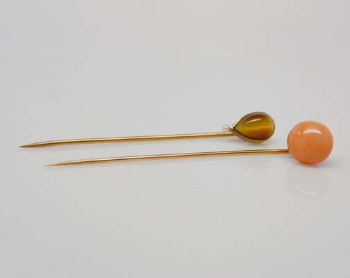 14K Rose Gold Coral Pin and Tiger Eye with Pearl Stick Pin