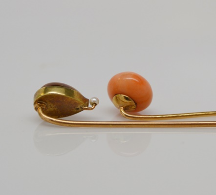 14K Rose Gold Coral Pin and Tiger Eye with Pearl Stick Pin