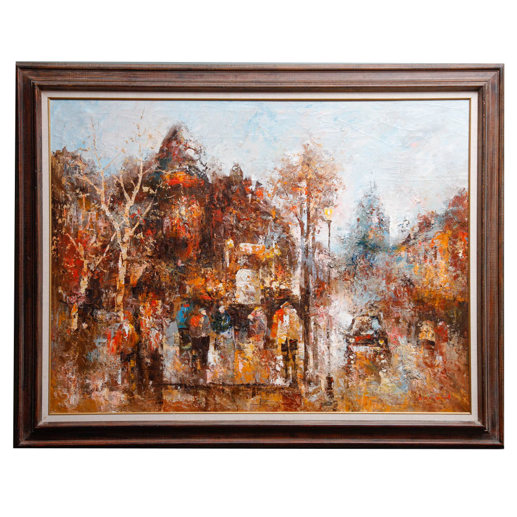 Oil on Canvas of Abstract Cityscape Signed Barton