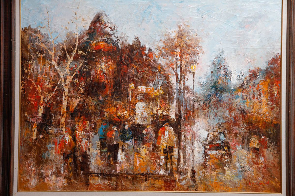 Oil on Canvas of Abstract Cityscape Signed Barton