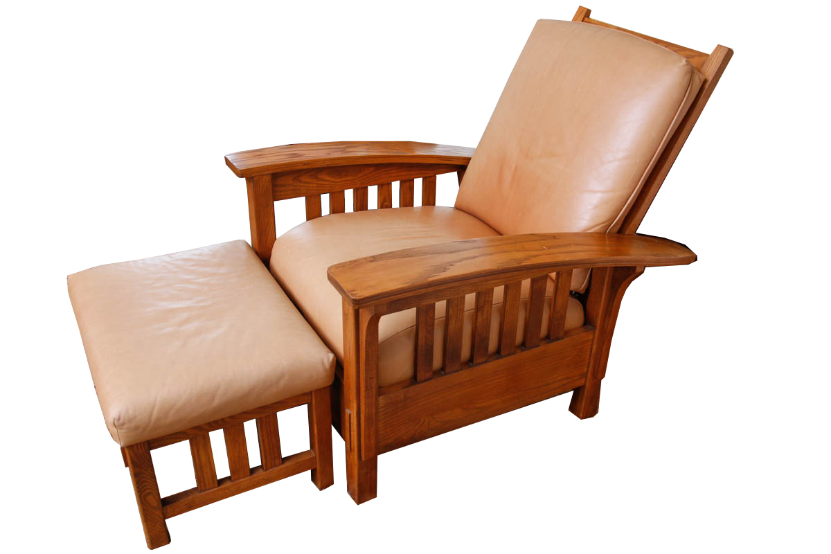 Mission Style Brown Leather Upholstered Lounge Chair and Ottoman