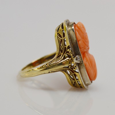Antique 14K Yellow Gold Coral Cameo and Diamond Ring