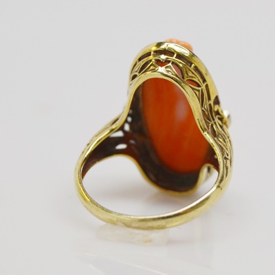 Antique 14K Yellow Gold Coral Cameo and Diamond Ring