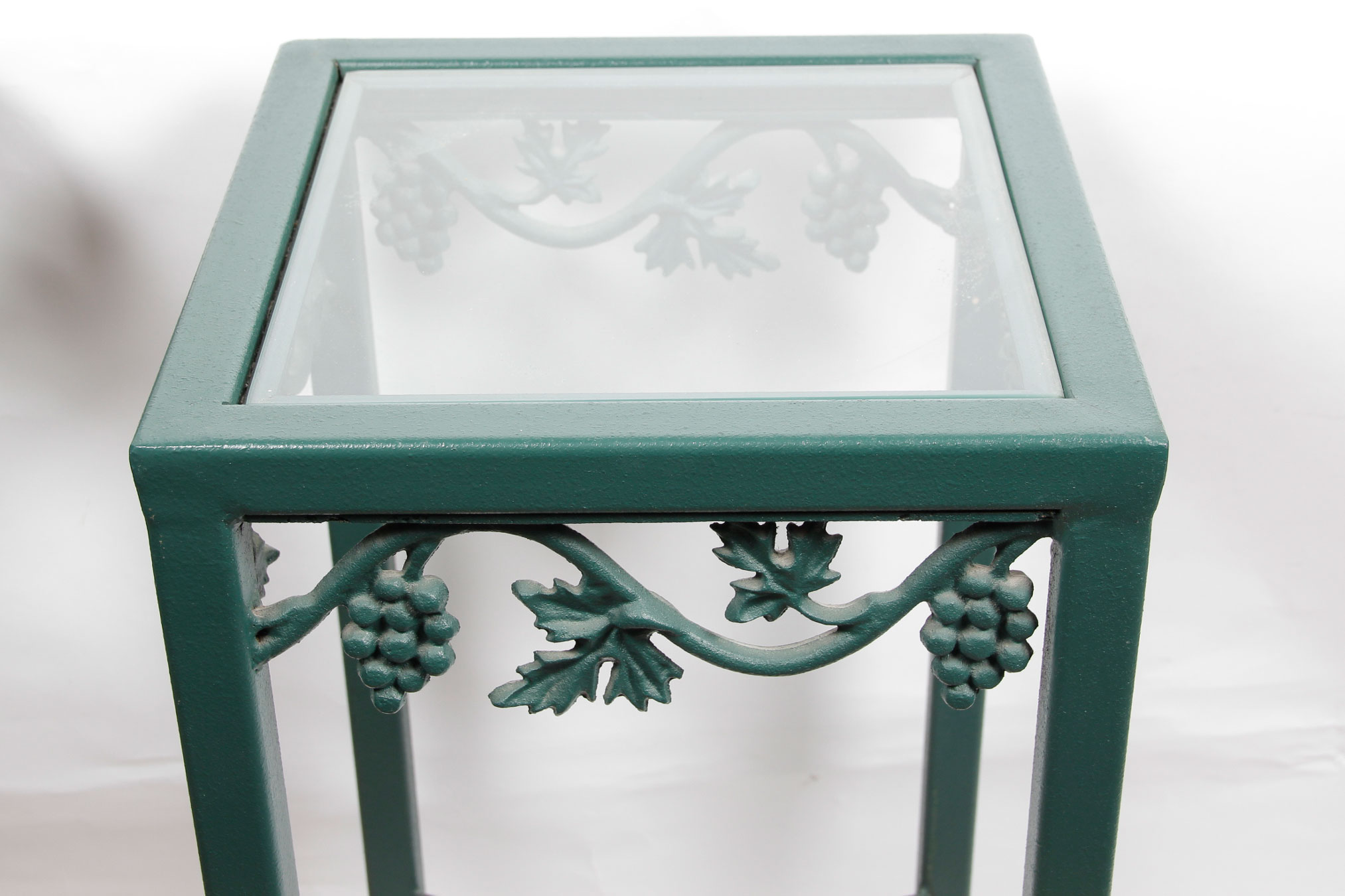Heavy Green Wrought Iron Accent Table with Glass Top
