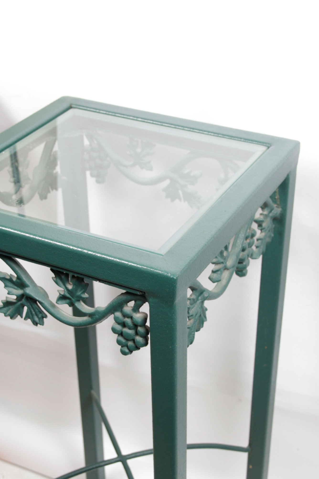 Heavy Green Wrought Iron Accent Table with Glass Top