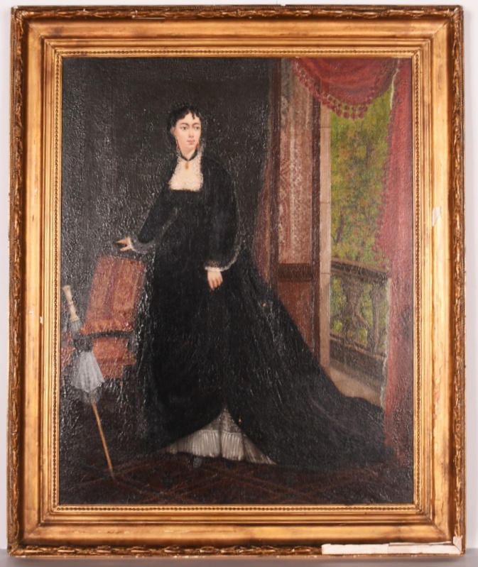 19th Century Portrait of Woman Standing at Open Balcony